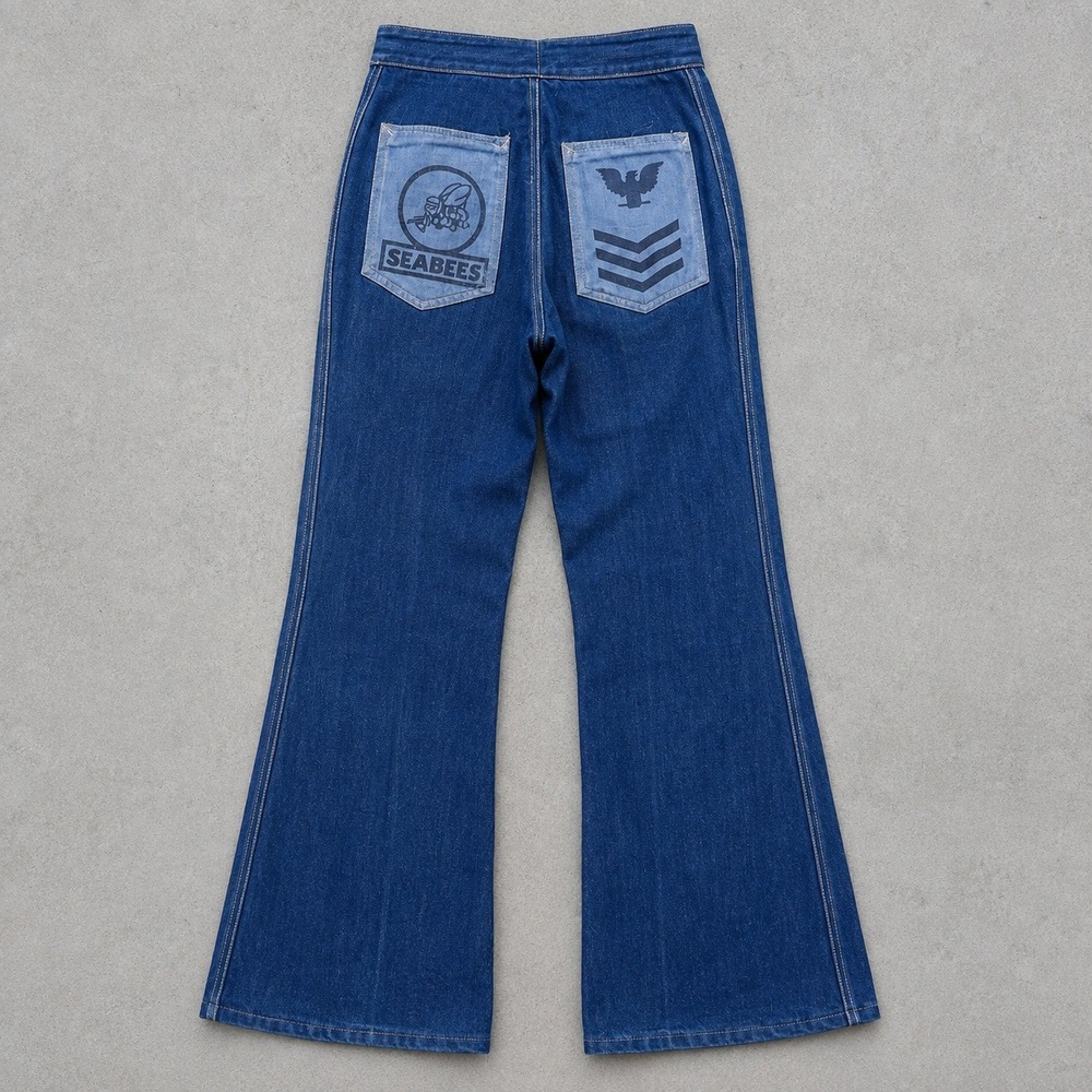 Vintage 70s US Navy Seabees Denim Bell Bottom Jeans Talon Zip Blue 24x32 Flare